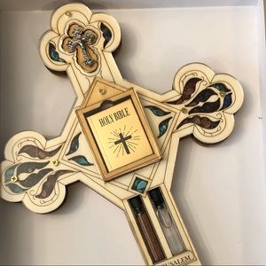 Wooden Cross Holy Bible/Soil/Water/Gemstones
